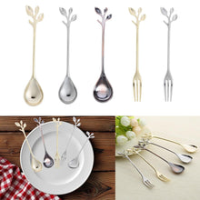 Load image into Gallery viewer, 1PC Gold Silver Leaf Shape Coffee Spoon Fork Cutlery Dessert Snack Fork Candy Teaspoon Kitchen Dining Accessories