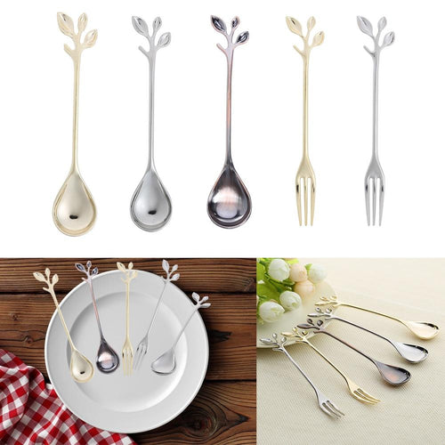 1PC Gold Silver Leaf Shape Coffee Spoon Fork Cutlery Dessert Snack Fork Candy Teaspoon Kitchen Dining Accessories