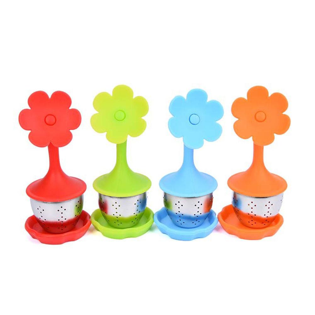 Silicone and Stainless Steel Flower Tea Infuser Fine Mesh Tea Balls Tea Strainers with Drip Tray - 4 pieces